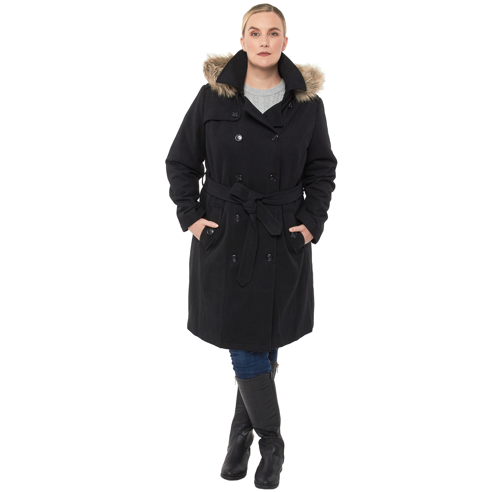 Alpine Swiss Womens Parka Trench Pea Coat Belt Jacket Fur Hood Reg